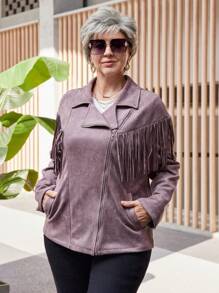 EMERY ROSE Plus Size Women's Autumn Patchwork Fringe Design Long Sleeve Biker Jacket,Autumn&Winter Women Clothes,Plus Size Fall Clothes - Dusty Pink - View 3