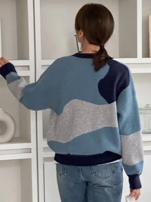 DAZY Women Casual Oversize Drop Shoulder Colorblock Knitted Sweater Fall - Blue - View 5