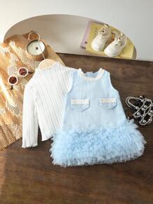 SHEIN 2 件套女婴多层荷叶边网眼撞色纯色无袖拉链连衣裙，配有仿口袋和罗纹饰边长袖上衣，甜美舒适，春秋冬 - 淺藍色 - 查看 1