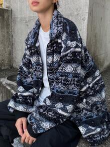 FRIFUL Women's Casual Geometric Pattern High Neck Zipper Front Regular Jacket Women Coats - Khaki - View 7