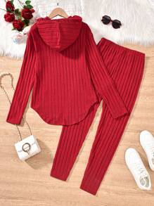 Sparklyn 2pcs Teen Girl Autumn Letter Graphic Hooded Sweatshirt And Ribbed Pants Set - Red - View 2