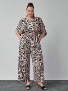 SHEIN Clasi Plus Size Elegant Black & White Striped Elastic Waist Jumpsuit, Suitable For Workplace And Teachers - Black and White - View 2