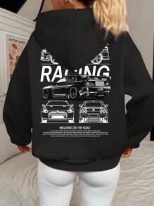 SHEIN EZwear Sudadera con capucha de manga larga con gráfico de coche retro casual y corte holgado para mujeres - Negro - Ver 3