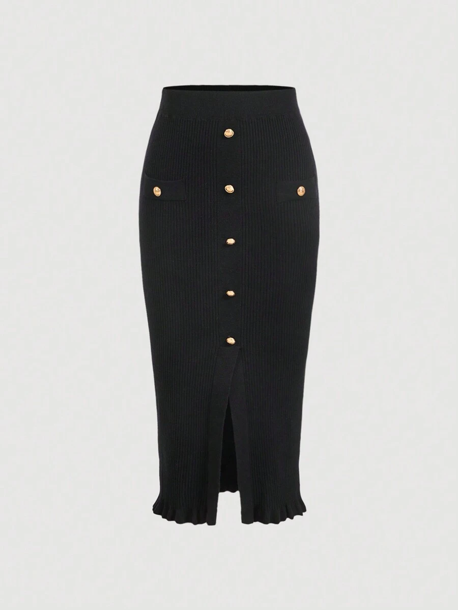 SHEIN MOD Falda negra de punto ajustada para mujer, falda lápiz elegante - Negro - Ver 1