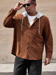 Manfinity Homme Men's Plus Size Color Block Button-Up Long Sleeve Hoodie Shirt - Brown - View 5