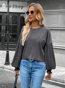SHEIN LUNE Women's Casual Home T-Shirt With Ruff Led Lantern Sleeves, Apricot Color Round Neck, For Winter New Years - Grey - View 5