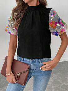 SHEIN LUNE Women's Spring & Summer Shirred Textured Frill Collar Embroidered Puff Sleeve Casual Sports Fashion Resort Shirt - Black - View 1