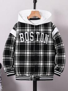 Tween Boys' Casual Black & White Plaid Letter Print Hooded Jacket, Suitable For Spring & Autumn Outings - Multicolor - View 6