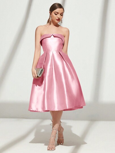 SHEIN Belle Women's Solid Color Fold Pleated Elegant Bandeau Dress, Prom Semi Formal Dress, For Birthday, Wedding Guest, Graduation Homecoming, Party Dress