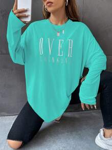 SHEIN Unity 圆领长袖字母图案衬衫，休闲日常穿着印花T恤，女士春季穿搭上衣，绿色长袖针织衫，宽松女式衬衫，绿色卫衣，宽松款 - 綠色 - 查看 4
