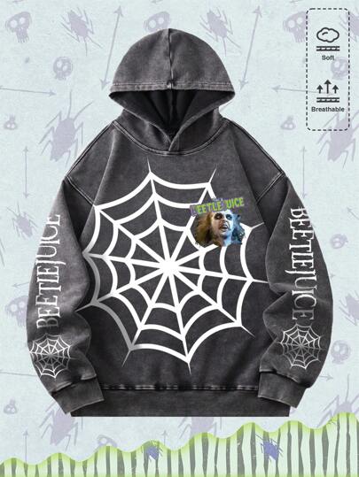 Beetlejuice | ROMWE Felpa oversize in cotone con stampa a ragnatela, senza tasche, per Ognissanti