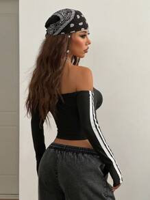 Coolane Women's Fall/Winter Essentials Knit Banded Texture Decoration Off The Shoulder T-Shirt - Black - View 2