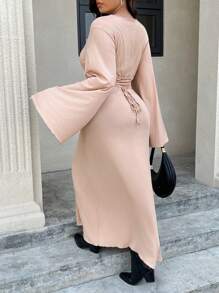 SHEIN Frenchy Plus Size Women's Square Neck Flare Sleeves Waist Cinched Long Dress - Apricot - View 2