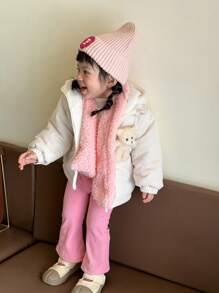 SHEIN 2-In-1 Infant Girls' Rabbit Ear Hat & Scarf Set, Cute Bear Design Warm Plush Outerwear, Fall/Winter