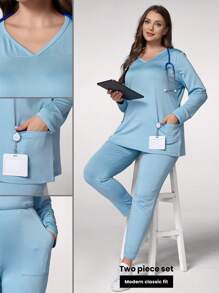 TaskEZ Plus Size Jednolity Kolor Długi Rękaw i Spodnie Jednolity Zestaw Do Scrub - Jasnoniebieski - Zobacz 1