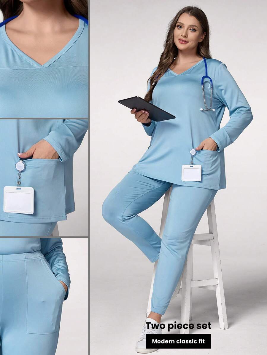 TaskEZ Plus Size Jednolity Kolor Długi Rękaw i Spodnie Jednolity Zestaw Do Scrub - Jasnoniebieski - Zobacz 1