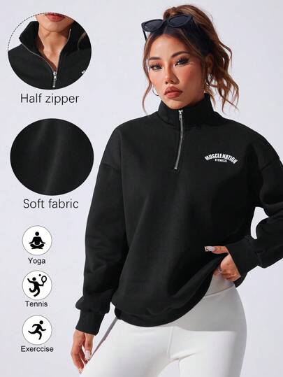 SHEIN Sports Sudadera de manga larga sencilla e impresa, ropa deportiva casual de uso diario, camisa casual de uso diario para deportes