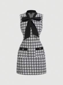 SHEIN MOD 女式复古格纹扭结领紧身连衣裙，秋季