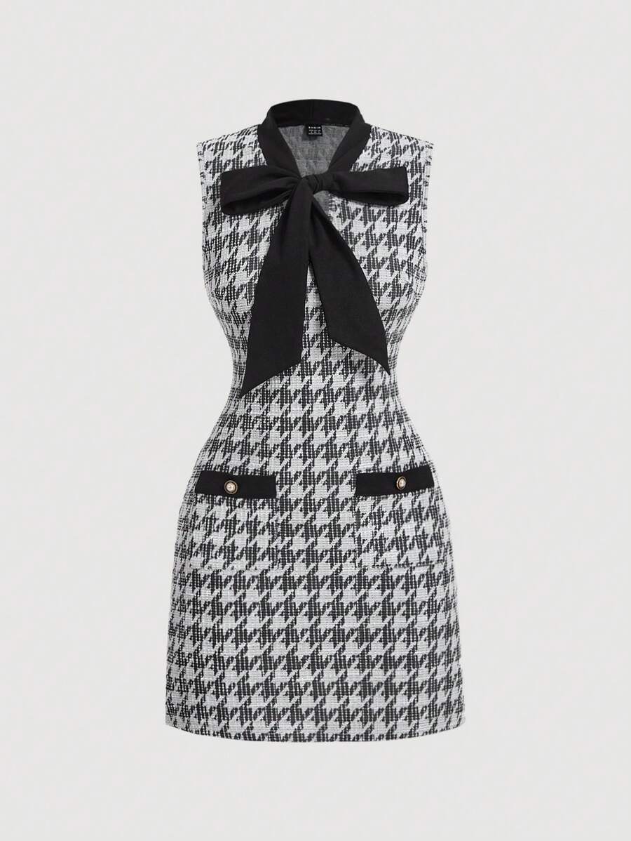 SHEIN MOD 女式复古格纹扭结领紧身连衣裙，秋季