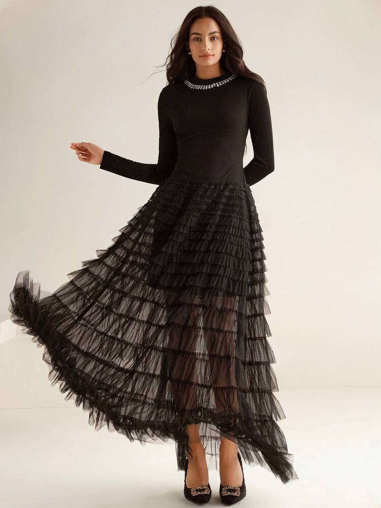 Women's Elegant Rhinestone Decor Mesh Layered Ruffle Hem Dress