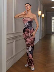 GENKIRA Vestido de ajuste ceñido con estampado de grandes flores aleatorias de moda retro y sexy - Multicolor - Ver 1