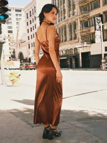SHEIN EZwear Coffee Brown Satin Slip Dress - Coffee Brown - View 2