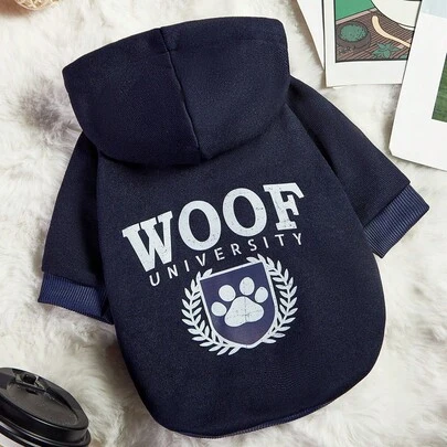 PETSIN 1 件宠物狗休闲连帽运动衫，“Woof University”字母印花，海军蓝