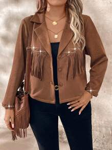 SHEIN LUNE Chaqueta con decoración de flecos y tachuelas de moda talla grande, otoño - Marrón - Ver 4