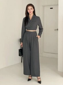 DAZY 2pcs Solid Color Short Blazer And Wide-Leg Pants Women's Suit Set