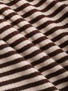 DAZY 女式条纹修身撞色 Polo 领 T 恤长袖女式上衣 - 卡其色 - 查看 8