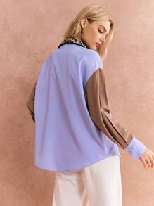 Poéselle Camisa casual de diario de mujer con bolsillo, manga larga, cierre frontal con botones, estampado de leopardo y bloques de color, ropa de mujer para otoño e invierno, de estilo chic sin esfuerzo, 24 FW