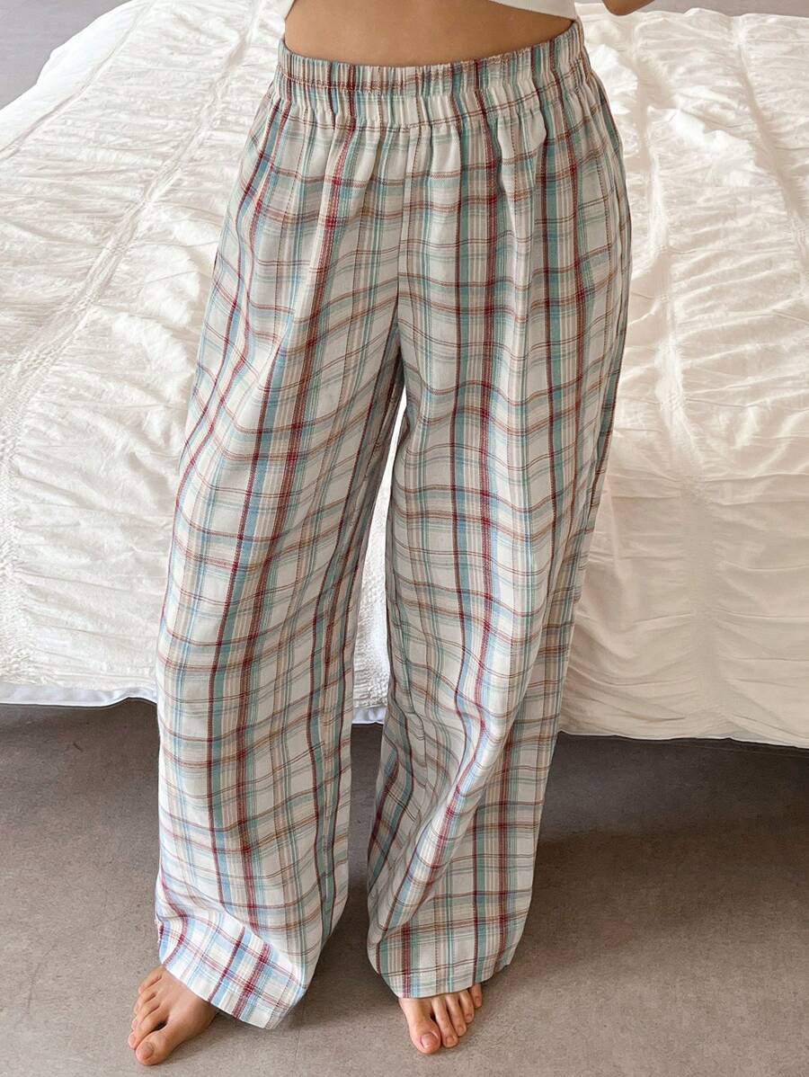 DAZY Elastic Waist Plaid Print Casual Lounge Pants, Fall Pajama, Winter