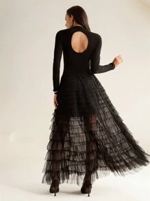 Anewsta Women's Elegant Rhinestone Decor Mesh Layered Ruffle Hem Dress