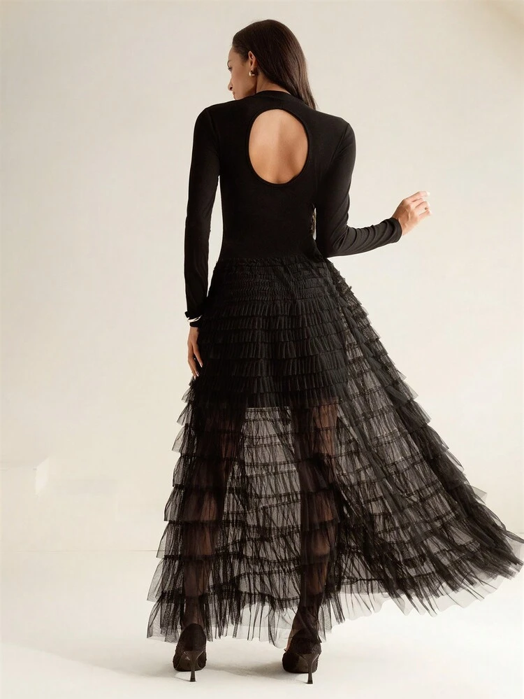 Women's Elegant Rhinestone Decor Mesh Layered Ruffle Hem Dress