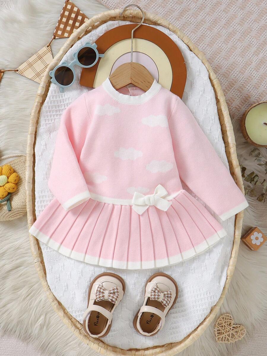 SHEIN Vestido tejido de manga larga casual en azul cielo encantador para niña bebé - Rosa - Ver 1