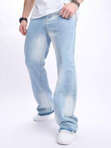 Chillumni 男士休闲口袋简约成熟街头风格牛仔裤，日常穿着，纯色长款水洗直筒浅蓝色工装牛仔裤，适合丈夫、男朋友的礼物 - 淺色水洗藍 - 查看 6