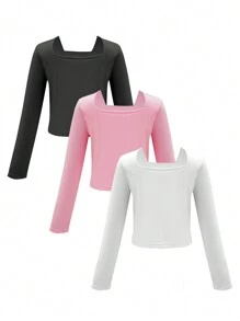 3 件装 女童纯色圆领修身 T 恤