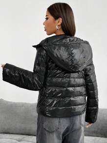 SHEIN EZwear 女士纯色长袖休闲连帽羽毛羽绒夹克，冬季 - 黑色 - 查看 2
