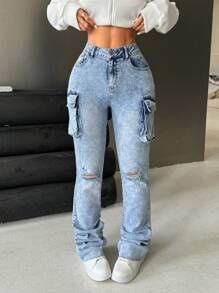 SHEIN EZwear Women's Blue Casual Stretchy Fitted Work Jeans - Blue - View 3