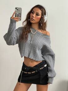 SHEIN EZwear Women's Fall/Winter Casual/Going Out/Basic Cable-Knit Keep Warm Short Grey  Baggy Sweater - Grey - View 3