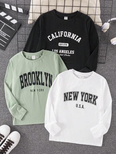 SHEIN Juego de 3 camisetas informales con estampado de letras para niños preadolescentes, color negro, blanco, verde, adecuadas para ir al trabajo, la escuela, el uso diario, los deportes, temporada de otoño/invierno