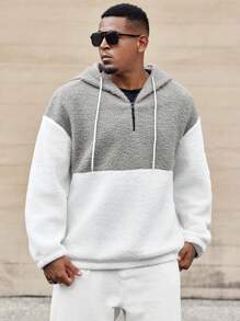 Manfinity CasualCool Plus Size Men's Contrast Color Fluffy Drop Shoulder Loose Drawstring Hooded Sweatshirt, Casual For Autumn/Winter