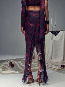 TypaGal Flower Print Flounce Hem Mermaid Skirt