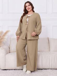 Mulvari 2 件套纯色系带长袖简约上衣和裤子套装，适合大码 2 件套