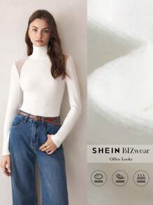 BizChic Parte superior de manga larga con cuello alto transparente, de unicolor y con empalme de malla para mujeres - Blanco - Ver 4