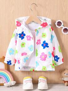 Baby Girl Casual Cute Floral Printed Zip-Up Hooded Jacket, For Autumn - White - View 1