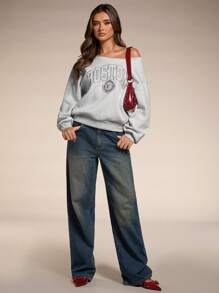 SHEIN BAE Sudadera con cuello asimétrico, bordado con letra, cómoda para uso diario y caminatas al aire libre para mujeres
