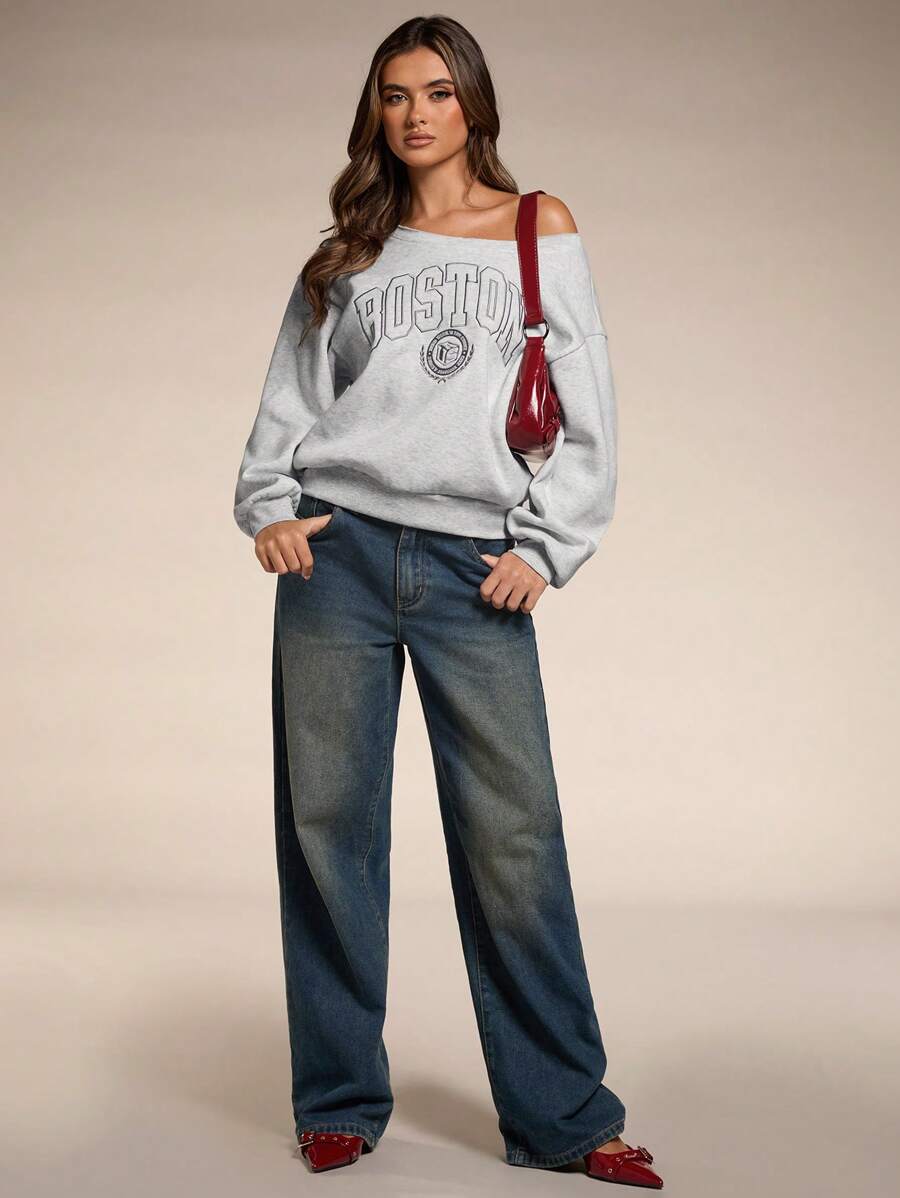 SHEIN BAE Sudadera con cuello asimétrico, bordado con letra, cómoda para uso diario y caminatas al aire libre para mujeres