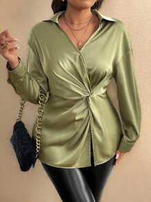 SHEIN Unity Plus Size Solid Satin Asymmetrical Twist Detail Blouse - Green - View 3