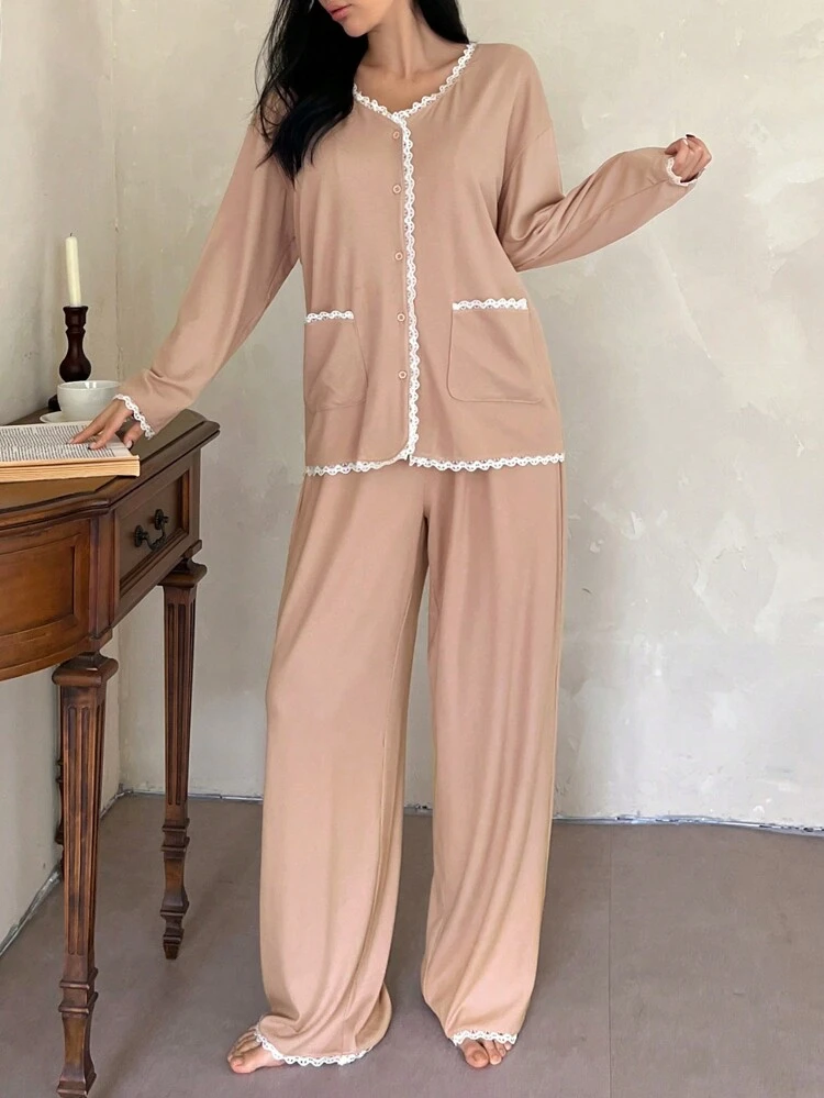 Lace Patchwork V-Neck Button Down Long Sleeve Top And Pants Knitted Pajama Set